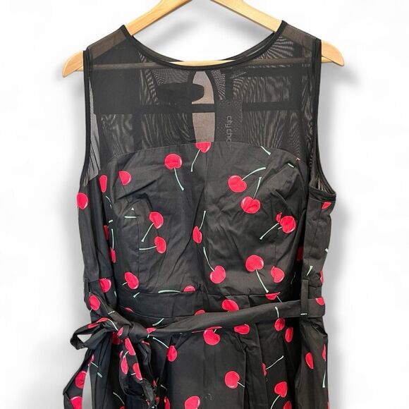 City Chic Molly Cherry Print Fit and Flare Sleeveless Dress Black Red 22 XL NWT - Picture 8 of 15